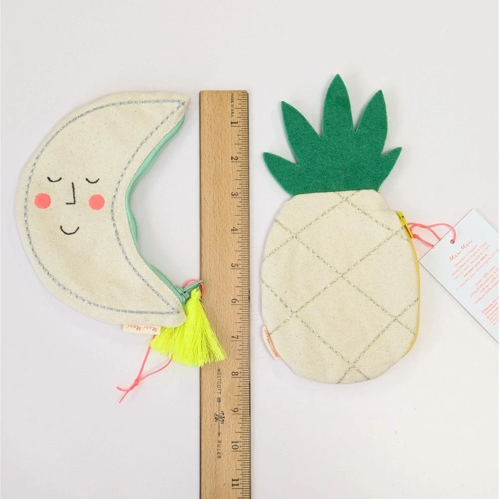 Meri Meri Coin Purse Lot Moon & Pineapple Shape Canvas Embroidered Zipper Pouch